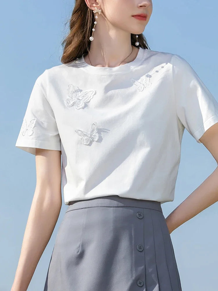 I BELIEVE YOU Summer T-shirs Cool Tech Embroidery Soft T-shirts Gentle Slim Oneck Short Sleeve Cotton Woman Clothes 2222014367